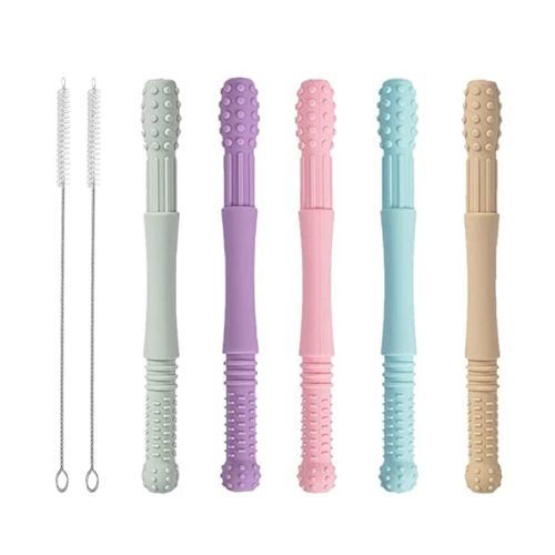 Hollow Teether Tubes, Honboom 5 Packs Soft Silicone Teething Tubes, Baby Soothing Teether Toy, Chew Straw Toy for Babies 3-12 Months with a Cleaning Brush, Dishwasher Safe (6.6in) - style 2