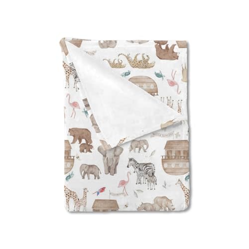 HawSkgFub Noah’s Ark Animal Boat Religious Baby Blanket Boy Girl Gift, Neutral Elephant Bear Giraffe Rhino Ship Flannel Fleece Nursery Bed Blankets, Soft Newborn Infant Toddler Kids Crib Bedding 30x40