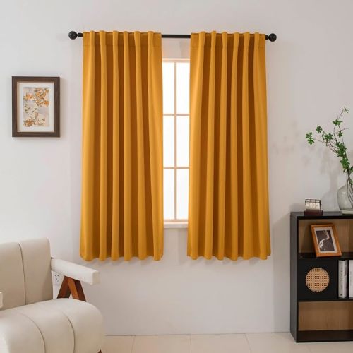 Pickluc Blackout Curtains 63 Inches Long 2 Panels, Black Out Drapes for Bedroom or Living Room, Back Tab and Rod Pocket Top, Set of Two, Mustard Yellow, 52" Wide and 63" Length
