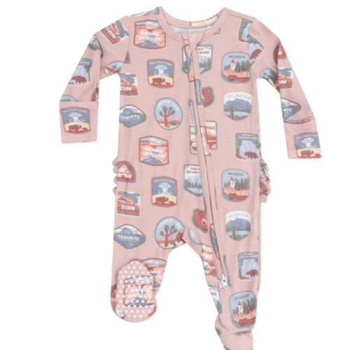 2 Way Zipper Ruffle Back Footie - National Park Patches Pink