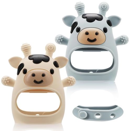 TOHIBEE 2 Packs Baby Teething Toys for 0-6 6-12 Months, Food Grade Silicone Adjustable Cow Teething Mitten, Chew Teether Toys for Teething Pain Relief, Baby and New Born Essentials, Blue & White