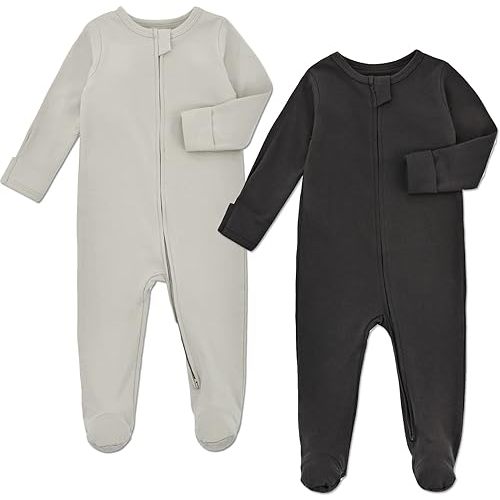 Aablexema Baby Pajamas with Feet and Mittens 2-Pack Zip Up Infant Cotton Long Sleeve Footies Sleep and Play