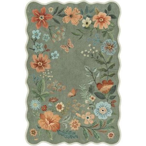 Lahome Machine Washable Floral Plant Floor Mat-natural Bio-printed Soft Rug For Living Room, Bedroom, Or Entryway-dusty Green-2'6"x9'10"