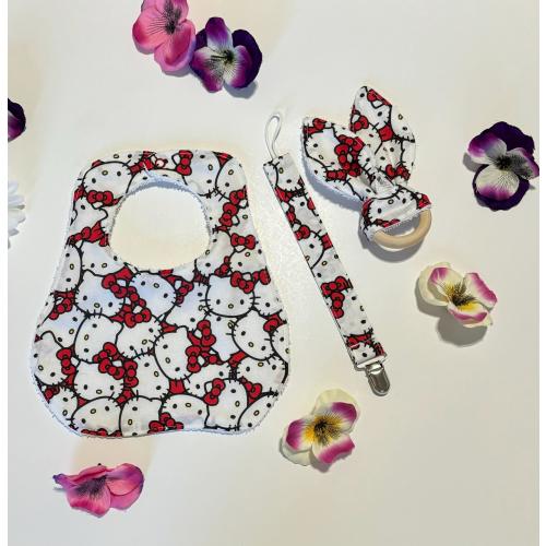 Hello Kitty Baby Bib, Pacifier Clip, & Teething Ring Set Perfect Gift, Infant Bib, Toddler Bib, Handmade
