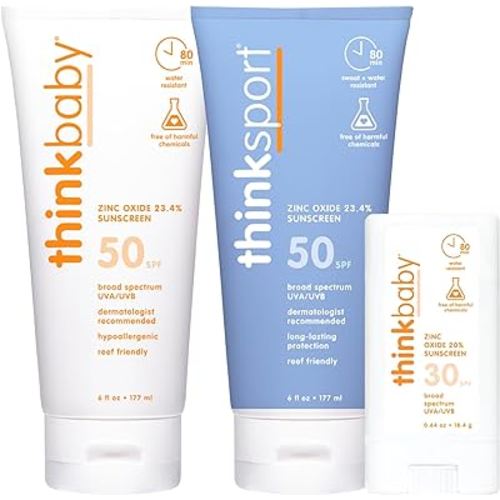 Thinkbaby SPF 50+ Baby Sunscreen 6 Oz + Thinksport SPF 50+ Mineral Sunscreen 6 Oz + Thinkbaby SPF 30 Sunscreen Stick 0.64 Oz