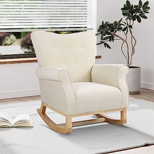Rophefx Rocking Chairs for Baby Nursery Velvet Glider Rocker with Solid Wood Base Nursery Rocker with High Backrest, Beige
