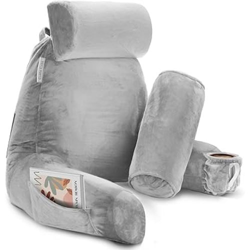 Clara Clark Reading Pillow, Large Back Pillow for Sitting Up in Bed, Memory Foam Back Support Pillow, Reading Pillows for Sitting in Bed Adult, Light Grey Sit Up Pillow for Bed with Arms and Pockets