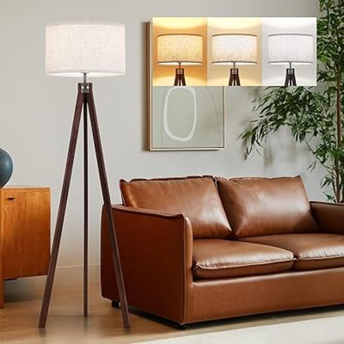ELYONA Wood Tripod Floor Lamp, Mid Century Modern Reading Standing Light, Tall Studying Light with 3 Color Temperatures LED Bulb & Nature Linen Shade for Farmhouse Living Room Bedroom Office, Walnut