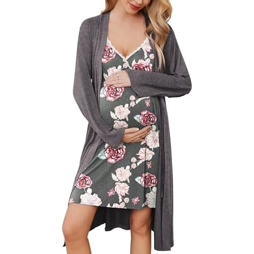 Ekouaer Womens Maternity Nursing Gown and Robe Set Labor Delivery Nuring Nightgowns for Hospital Breastfeeding Robes