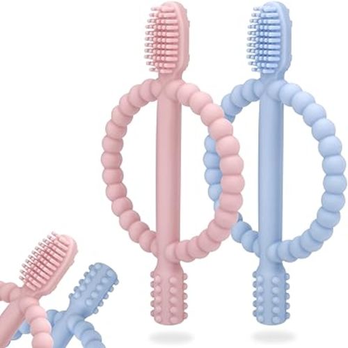 Baby Teething Toys with Easy-Hold Handle, Silicone Infant Toothbrush, Textured On Both Sides Helps Massage, Soothe Sore Gums, Teething Toys for Babies 0-6 Months, 6-12 Months