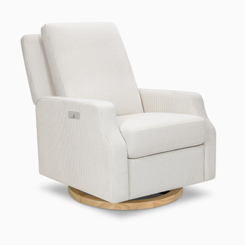 Namesake Crewe Electronic Recliner and Swivel Glider - Fog Chatham Stripe Performance Eco-Weave With Light Wood Base