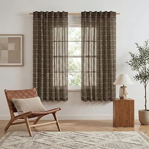 NICETOWN Taupe Plaid Gingham Linen Curtains 63 inches Long for Living Room