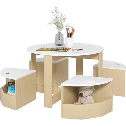 Qaba Toddler Table and Chairs Set, 5 Pieces Round Kids Activity Table with Storage for Play, Art, Craft, Drawing, Playroom, Classroom, Nursery, White