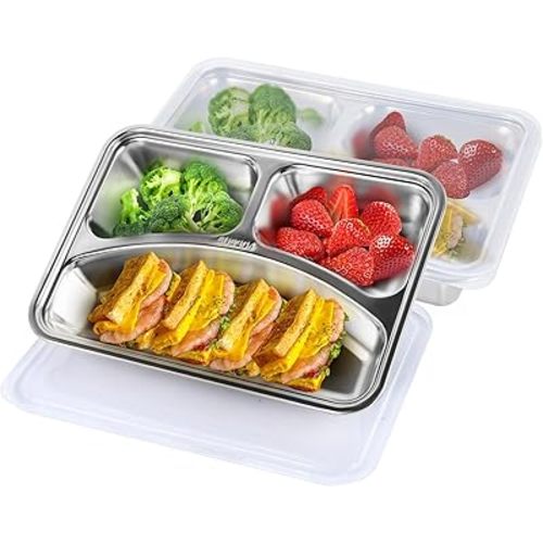 Stainless Steel Kids Plates with Lid (Set of 2),Divided Plates for Toddlers,Non Toxic,100% BPA Free,Easy to clean,Dishwasher Safe