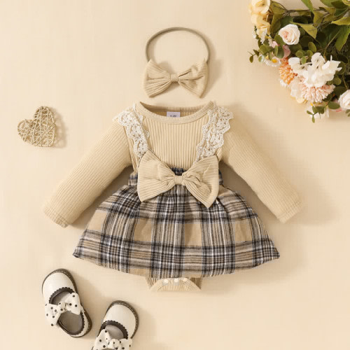 Baby Ribbed Plaid Bow Bodysuit with Headband