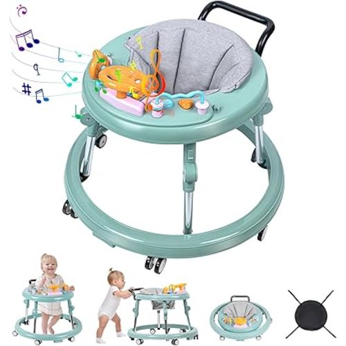 Baby Walker, Foldable 9-Gear Height Adjustable Baby Walker with Wheels, Infant Toddler Walker with Music Disk, Anti-Fall Baby Walkers and Activity Center with Foot Pads for Boys and Girls 6-24 Months
