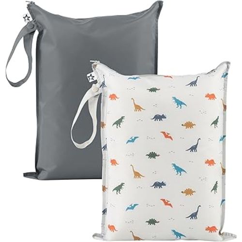 Tiny Twinkle Mess-Proof Waterproof Wet Dry Bag | 2-Pack Reusable Wet Bags for Swimsuits & Baby Clothes | Leakproof Wet Bag for Travel & Diaper Changes for Baby (Dinosaur)