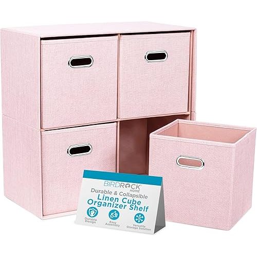 BIRDROCK HOME Linen Cube Organizer Shelf with 4 Storage Bins - Durable, Collapsible Multi-Purpose Shelving Unit for Bedroom, Closet, or Dorm, Compact Cubbie Shelf for Toys, Clothes, or Towels - Blush