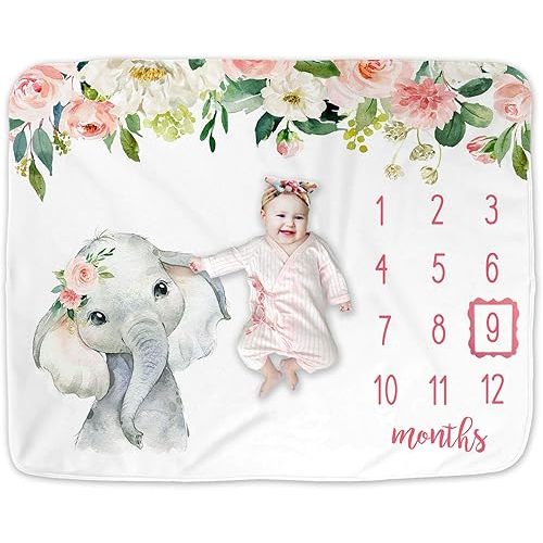 Floral Elephant Baby Monthly Milestone Blanket, Jungle Elephant Girl's Soft Fleece Monthly Milestone Blanket , Girl Elephant Nursery Infant Newborn, Includes Marker (White, 50x40 inch )