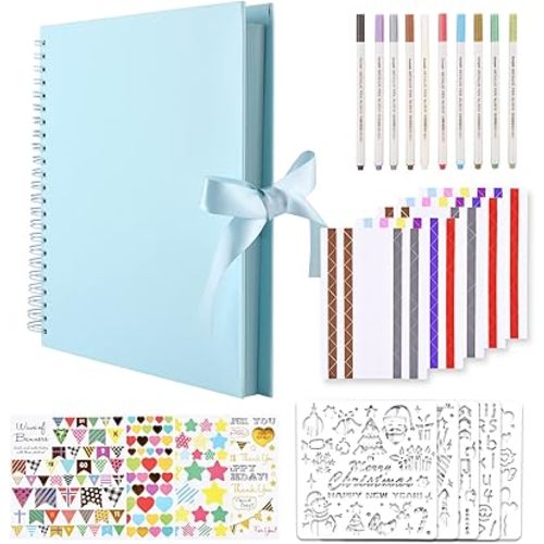 GOTIDEAL 12 x 12 Inch Scrapbook Album with 10 Metallic Markers,80 Pages Craft Paper Photo Album for Wedding and Anniversary, Family DIY Photo Album with Scrapbooking Stickers Corners(Blue)
