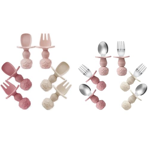 PandaEar 12 Pack Silicone Baby Spoons and Fork, Pink