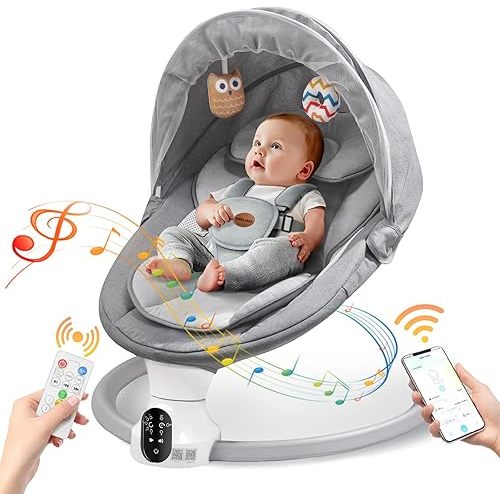 Baby Swings for Infants - Exclusive App & Bluetooth Function, Electric Baby Swing with 5 Point Harness & 5 Sway Speeds, 10 Preset Lullabies, Portable Infant Swing for Indoor/Outdoor