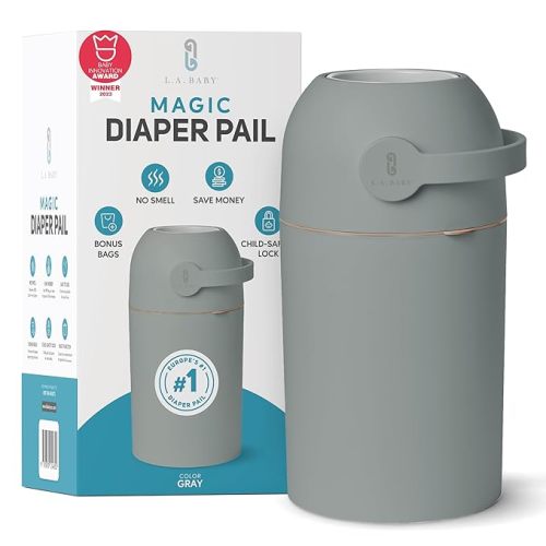 L.A. BABY Magic Diaper Pail - Patented 100% Odor-Free System with Child-Safe Lock - Award-Winning Design - No Refills Required - Works with Regular Trash Bags - Green