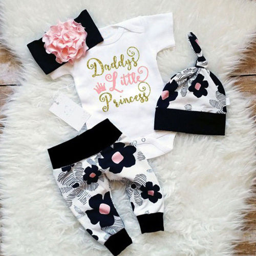 4Pcs Newborn Infant Baby Girls Daddys Princess Outfits Letter Clothes T-shirt Tops Floral Pants Hat Headbands
