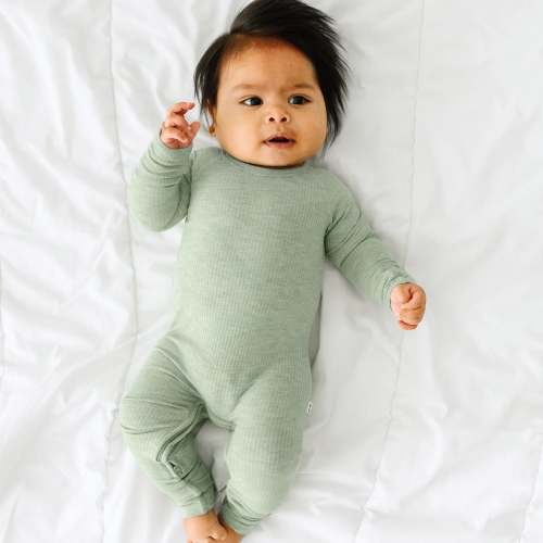 Size 0-3 Heather Sage Ribbed Crescent Zippy - Little Sleepies