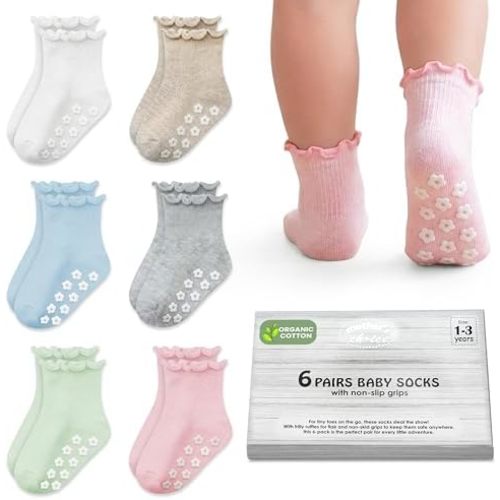 Mother's Choice Ruffle Socks 6 Pairs Baby Non Slip Socks, Baby Sock & Gripper for Toddlers with Soft Fabric for Safe Walking (Pastel