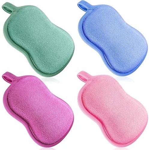 Tatuo 4-Piece Baby Bath Sponge Set - Soft, Absorbent Cotton & Sponge Loofah for Kids, Babies, Men & Women (Red, Purple, Green, Blue)