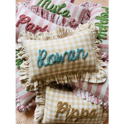 SAND GINGHAM Personalised Ruffled Cushion Handmade Punch Needle Decor | Gingham Nursery Kids Children Room Styling | Custom Gift Baby Shower