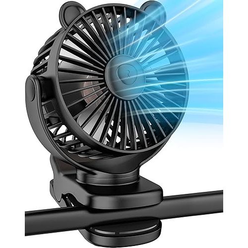 Stroller Portable Clip on Fan, Small Desk Fan Battery Operated, 360° Rotation, Cute Design, 3 Speed, Mini Table Fan USB Rechargeable, Personal Cooling Baby Stroller Fan for Home Office Outdoor Travel