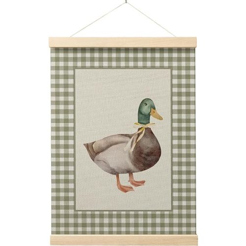 EKGJW Coquette Bow Mallard Duck Nursery Wall Art Poster, Duck Nursery Decor, Retro Farm Animal Sage Green Plaid Wall Decor Canvas Prints for Kids Girls Room, 12x16 Inch
