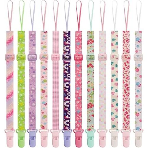 12 Pack Pacifier Clips with Adjustable Strap (32-46.5cm) - Premium Polyester Baby Pacifier Holder Set, Multi-Design Clips for Boys Girls （Multi Color A）