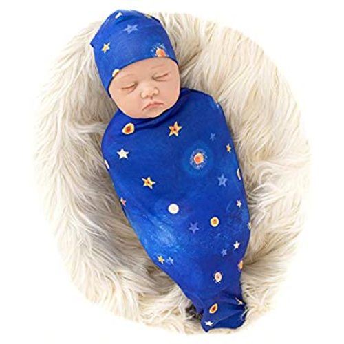 Galabloomer Newborn Swaddle Blanket with Beanie Set Baby Boy Receiving Blanket (Star and Moon)