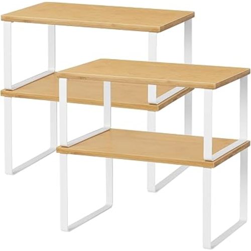 NEX Bamboo Kitchen Cabinet and Counter Shelf Organizer, Stackable & Expandable, Set of 4, White and Natural