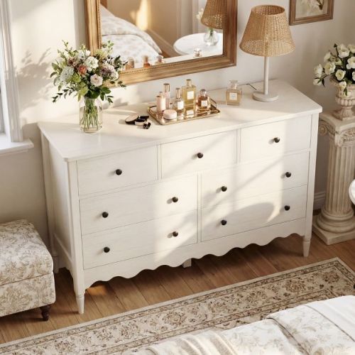 Besiost 47" Wide Wood 7 Drawers Cabinet for Badroom, Farmhouse Closet Dresser - White