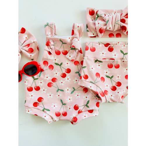 Cherries Overalls, Bummies, Summer Baby Clothes, Spring Baby Tie Knot Overalls, Cherries and flowers Bummies, Bows and Chunky Tie Knot