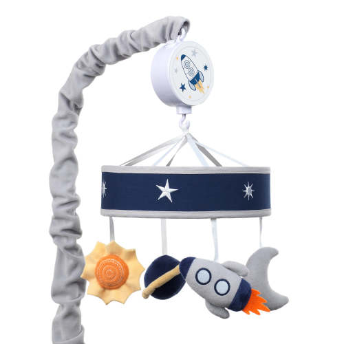 Milky Way Blue/Gray Celestial Space with Rocket and Planets Musical Baby Crib Mobile – Lambs & Ivy