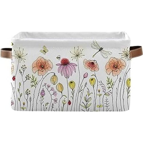 xigua Colorful Wildflowers Square Storage Basket,Collapsible Sturdy Fabric Storage Basket Cube W/Handles for Clothes Toy Closet(1 pcs)