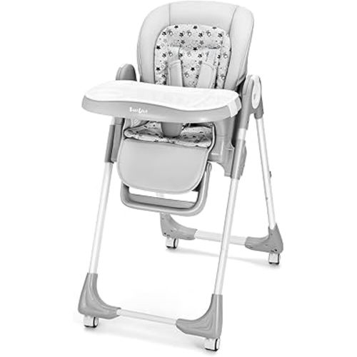 Foldable High Chair with Soft Cushion, High Chairs for Babies and Toddlers, Height Adjustable Feeding Chair, Adjustable Backrest and Footrest, Lockable Wheels, Star Gray
