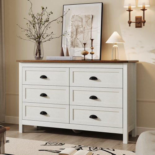 Winston Porter Dresser For Bedroom, Modern White Dresser With 6 Drawers, Wide Chest Of Drawers With Metal Handles White & Reviews | Wayfair