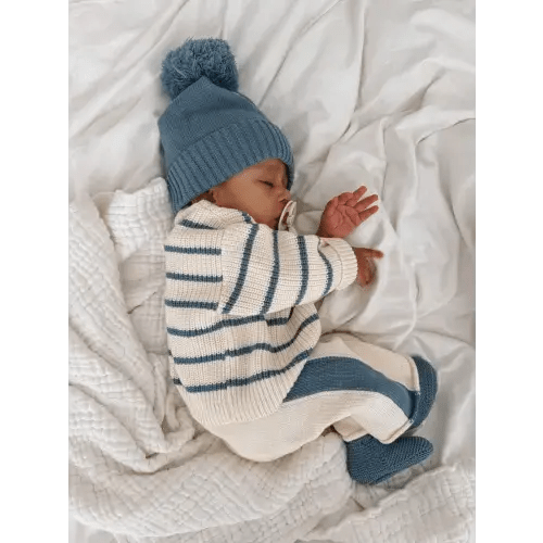 Knit Striped Pants  - Cream & Denim Blue