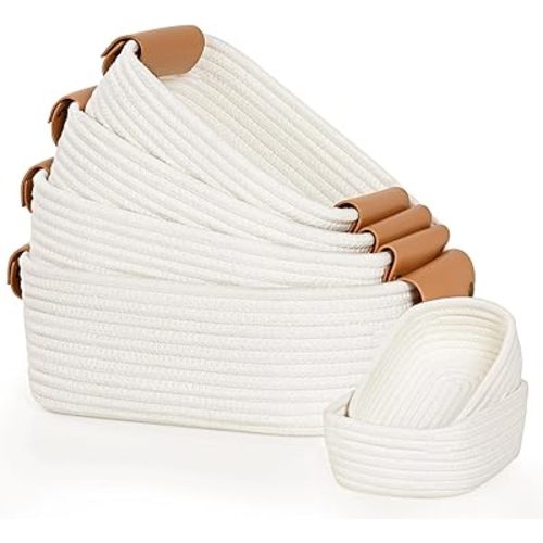 Storage Basket Set of 6 - 4 with Leather Handle & 2 Small Gift Baskets - Woven Storage Cotton Rope Basket for Organizing, Rectangle Bins for Shelves, Nursery, Dog Toy, Bathroom