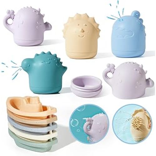 Mold Free Silicone Bath Toys with Floating Boats for Kids Ages 1-3, 9PCS No Mold Dinosaur Bath Toys for Toddlers/ Infants 6 - 12- 18 Months Eco-Friendly Non Toxic Water Table Toys Toddler Birthday Gif
