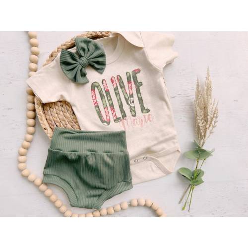 Personalized olive green and pink newborn outfit