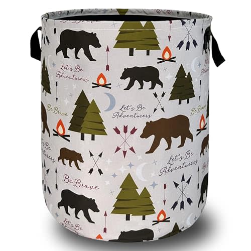 Funny Adventure Bear Forest Laundry Hamper Camping Laundry Basket With Handles Foldable Oxford Cloth Colorful Tote Bag Clothes Toy Storage Bucket 18.9"x16.5"For Bathroom/Laundry/Bedroom