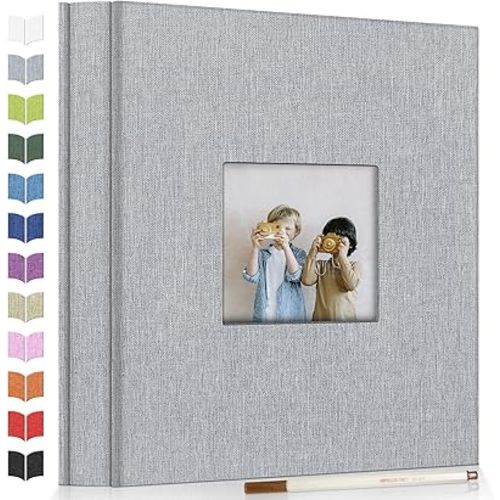 Photo Album Self Adhesive Scrapbook Album for 3x5 4x6 5x7 8x10 Pictures,40 Pages Linen Cover with Display Window DIY Photo Book,Ideal Gifts for Family Travel Wedding Baby