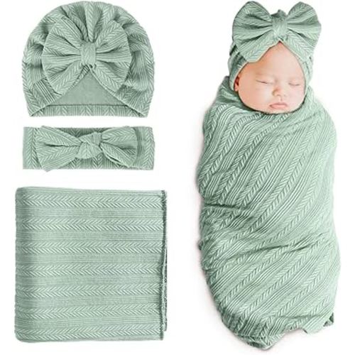 DRESHOW BQUBO Newborn Receiving Blanket Toddler Warm for Girls with Bow Hat and Bow Headband Shower Gift